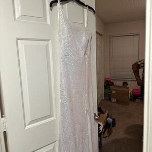 Iridescent White Sequin Prom Dress with Slit